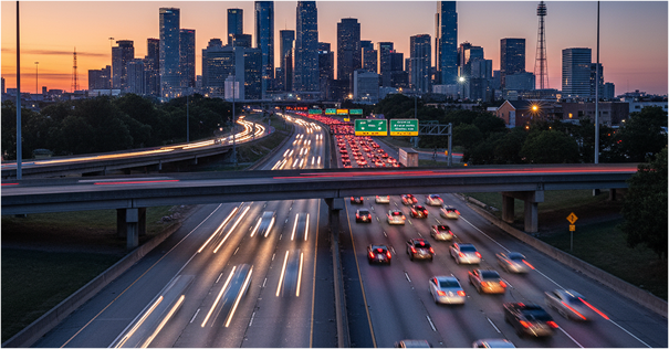 City skyline with traffic moving down a highway.