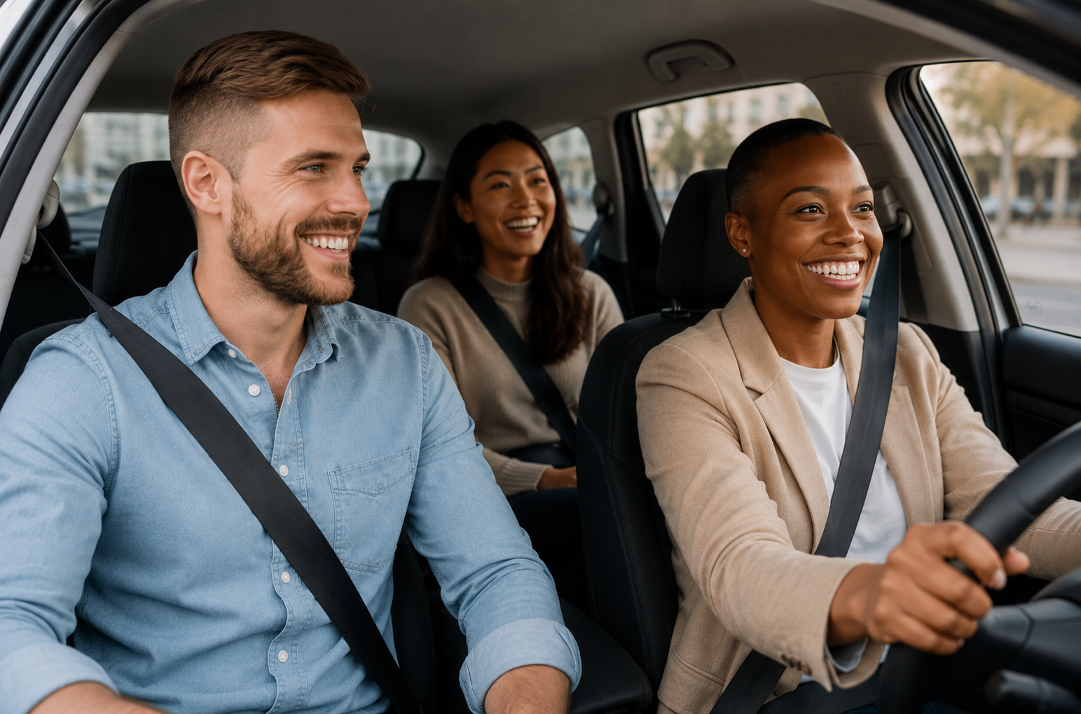 Man and woman in a car smiling and talking to each other.