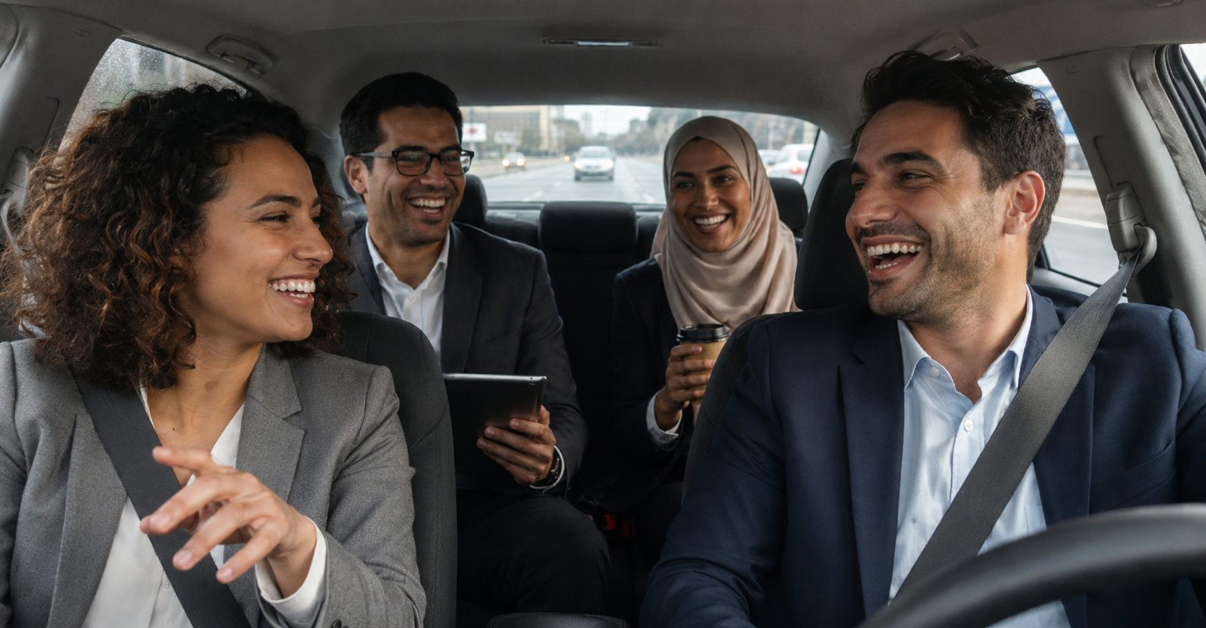 People in a car commuting to work and chatting happily.
