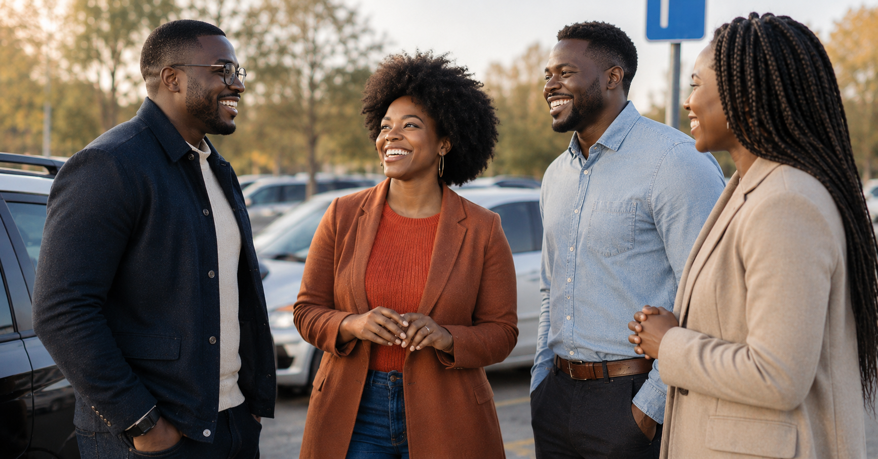 Group of people chatting happily in a parking lot, about to get in a car.
