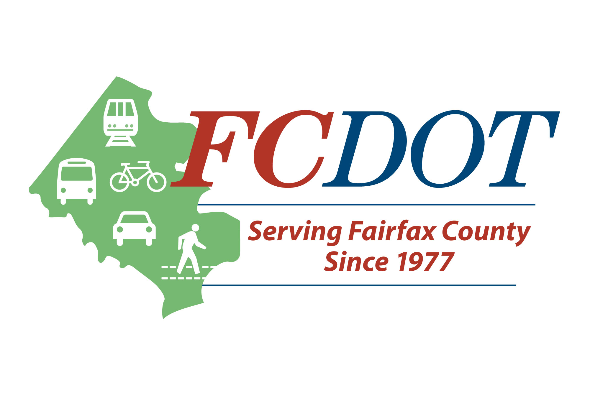 FCDOT partner logo showing the text Fairfax County Department of Transportation with green and blue roadway graphics on a light background, conveying a clear and official transportation agency identity